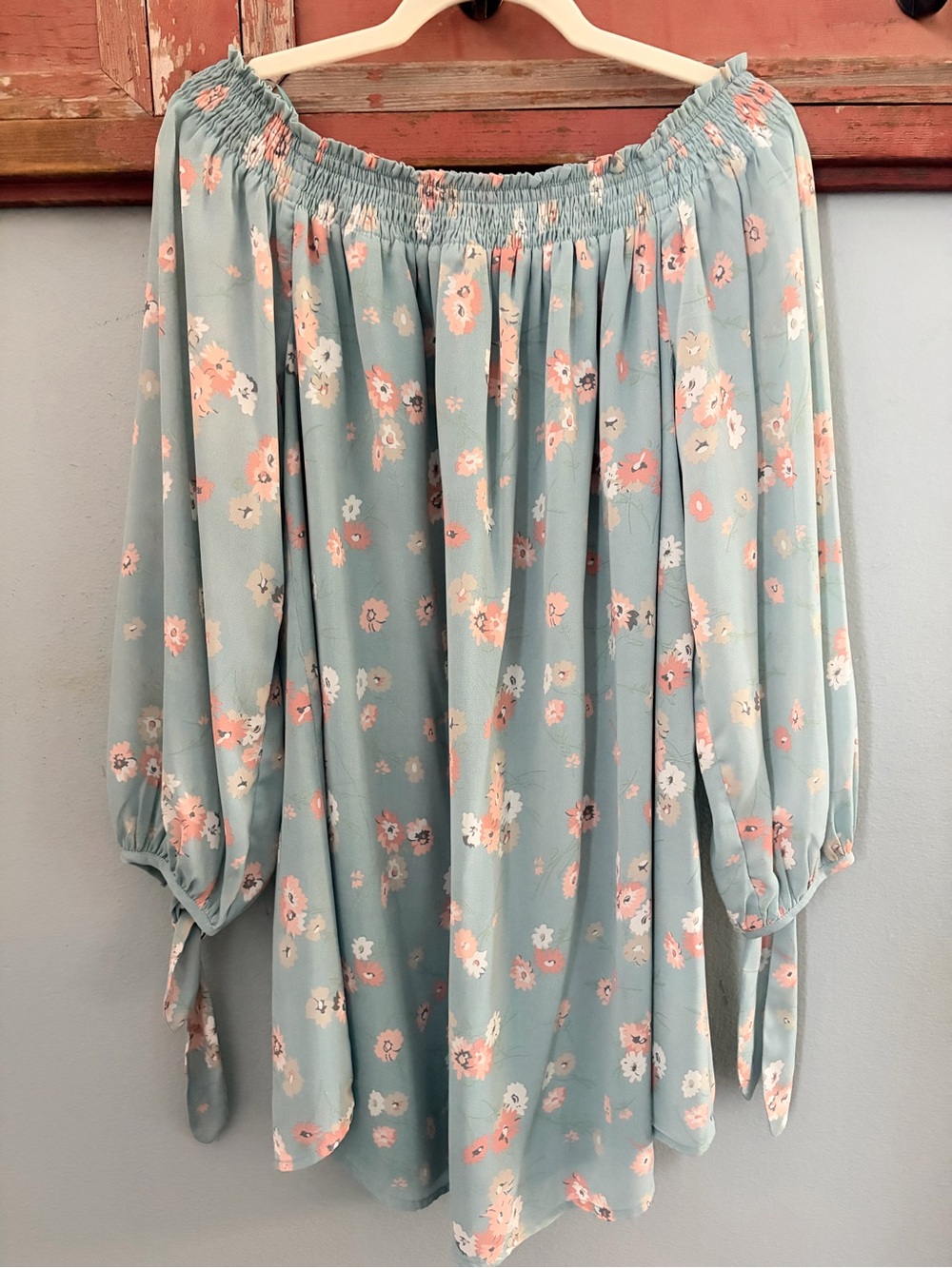 Polagram Sage Blue Off-Shoulder Floral Tunic
